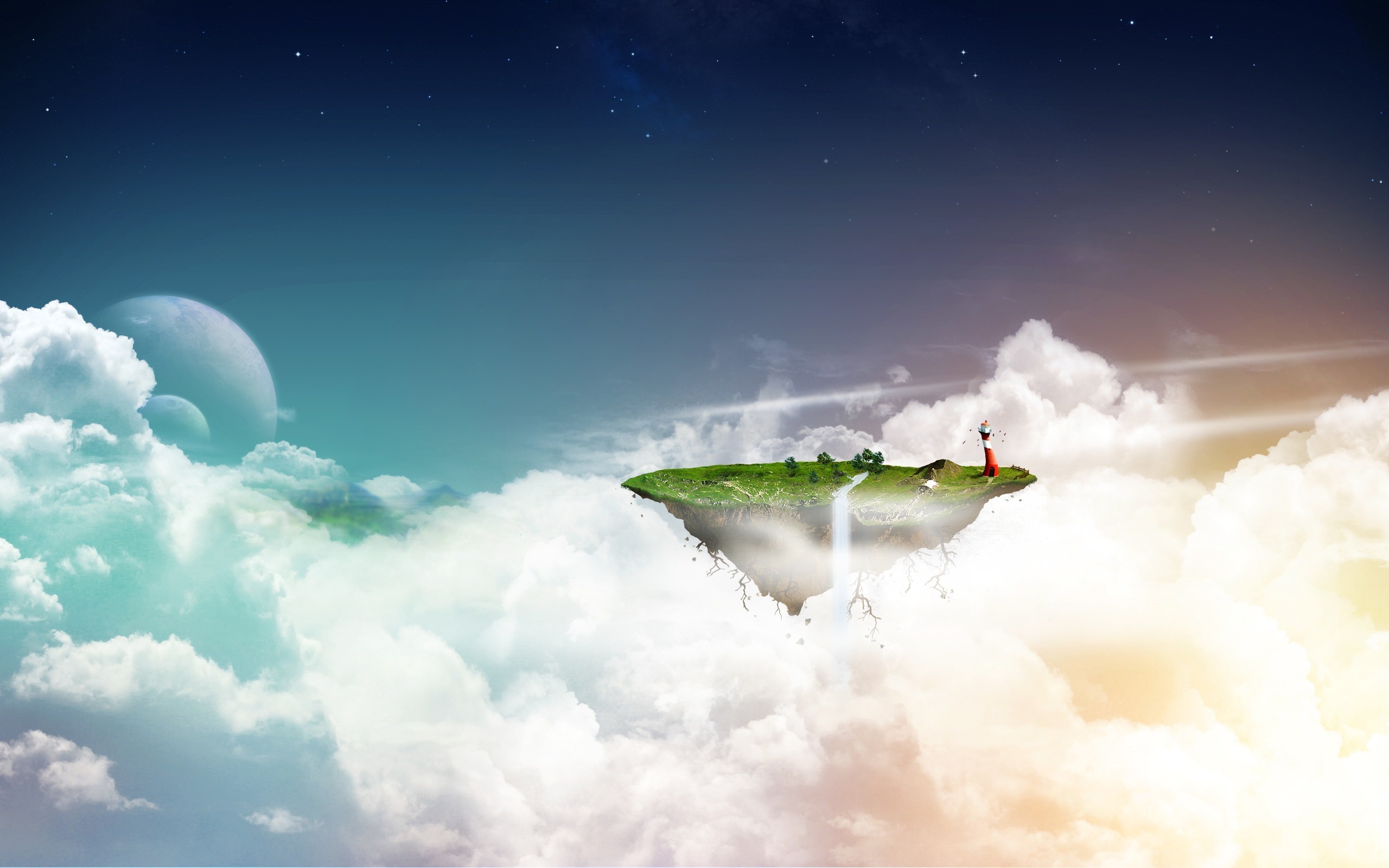 clouds, Lighthouses, Fantasy, Art, Floating, Islands, Waterfalls Wallpaper