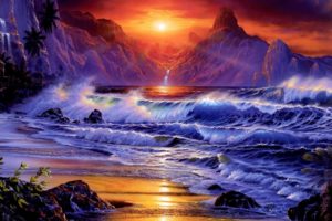 sunset, Ocean, Waves, Fantasy, Art, Artwork