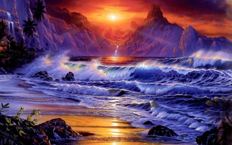 sunset, Ocean, Waves, Fantasy, Art, Artwork HD Wallpaper Desktop Background
