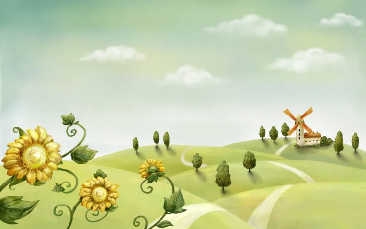 flowers, Hills, Windmills HD Wallpaper Desktop Background