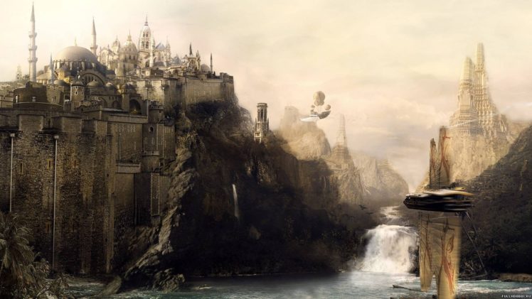 fantasy, Mountains, Fortress, Artwork, Waterfalls, City, Skyline HD Wallpaper Desktop Background