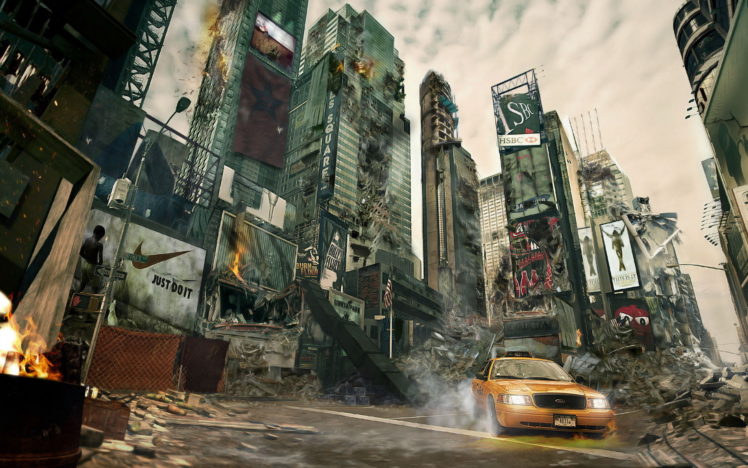 cityscapes, Streets, Cars, Taxi, Apocalyptic, Photomanipulations HD Wallpaper Desktop Background