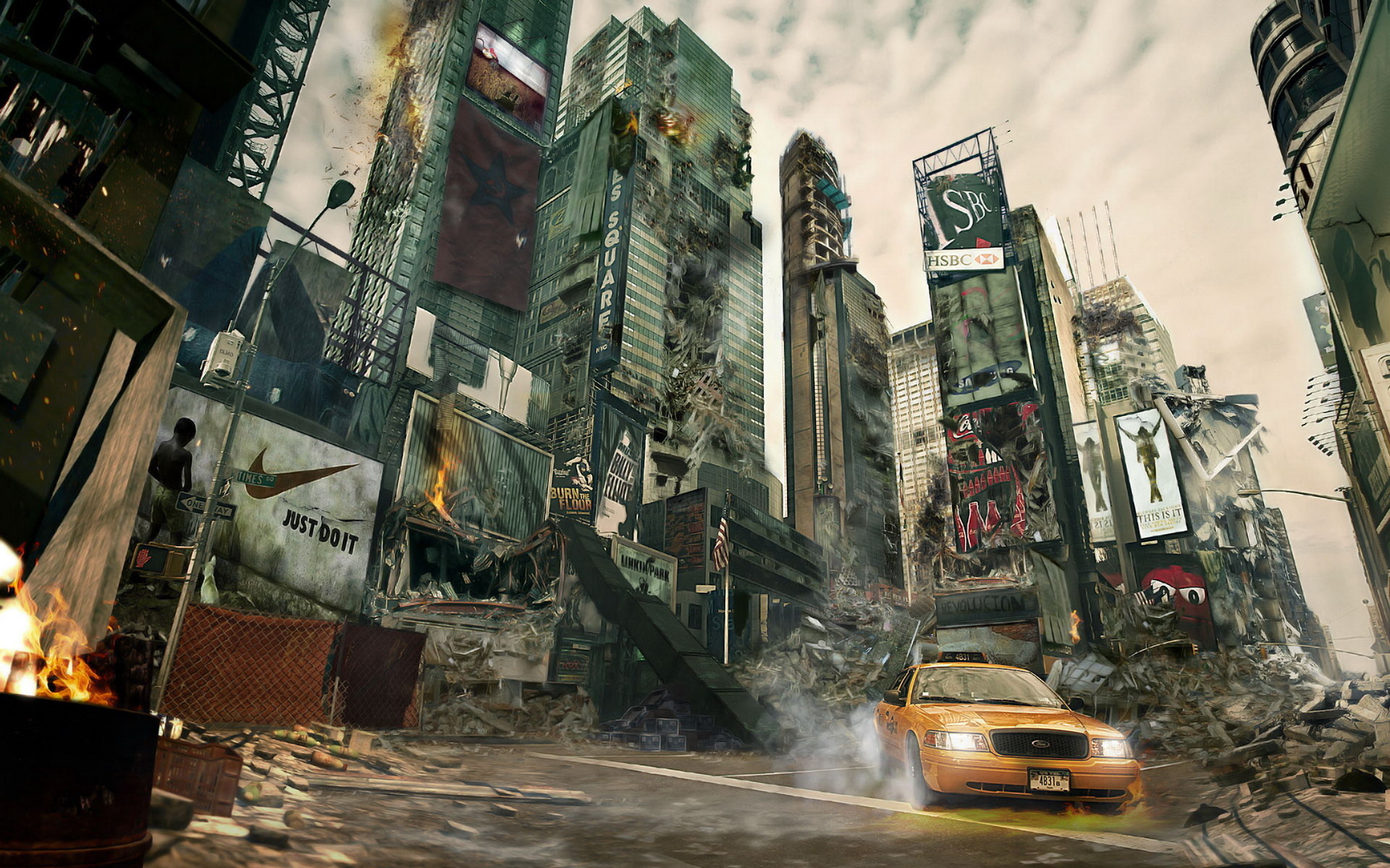 cityscapes, Streets, Cars, Taxi, Apocalyptic, Photomanipulations Wallpaper