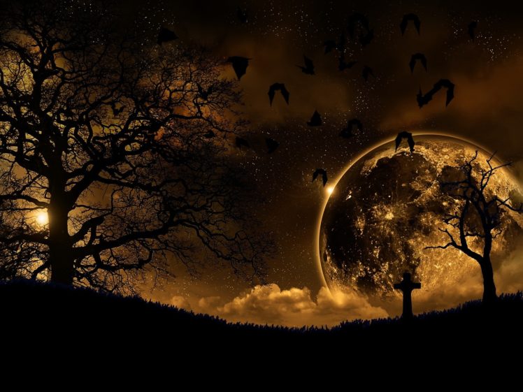 abstract, Night, Moon, Graveyards, Bats HD Wallpaper Desktop Background