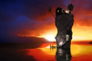 water, Sunset, Houses, Rocks, Stairways, Palm, Trees, Reflections, Rendering