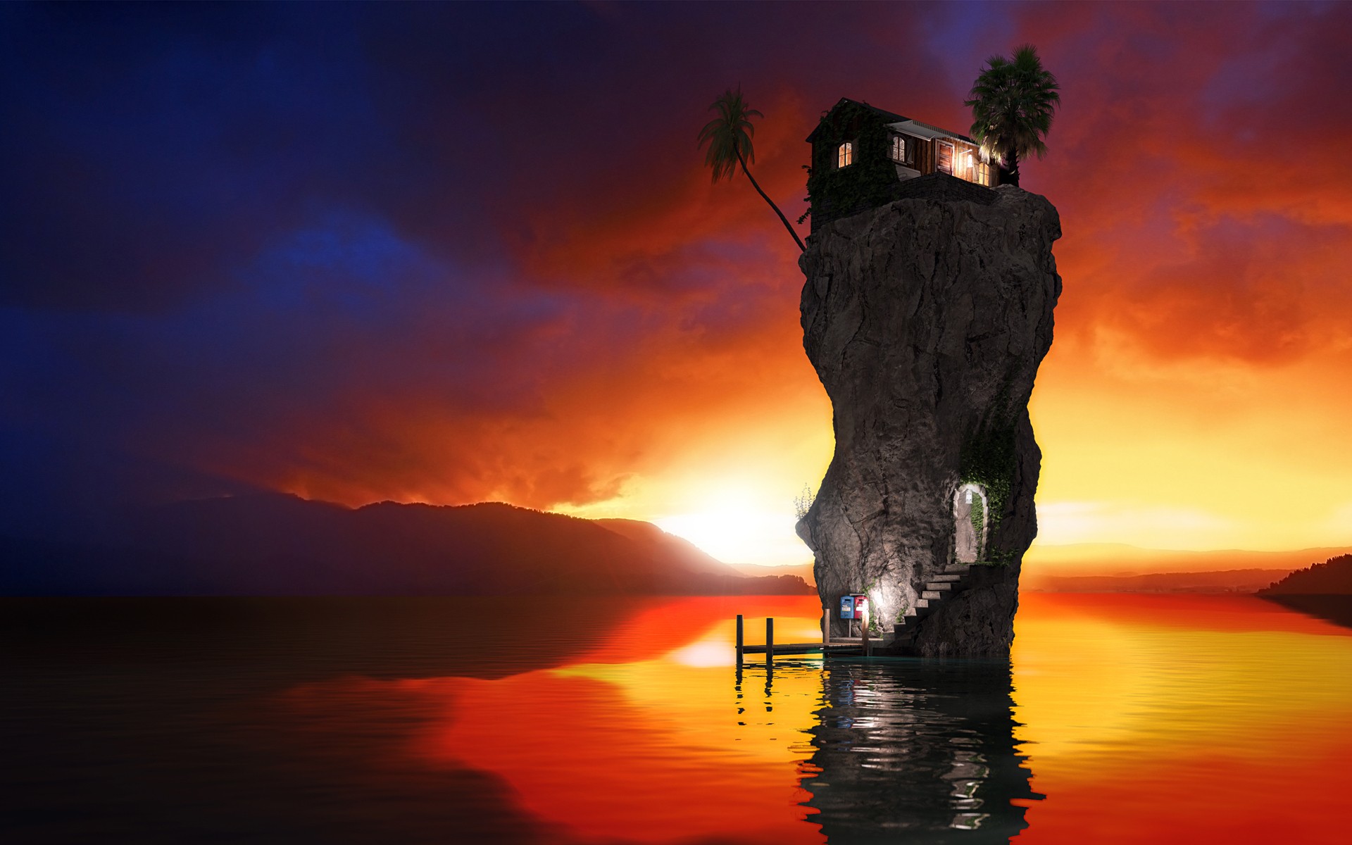 water, Sunset, Houses, Rocks, Stairways, Palm, Trees, Reflections, Rendering Wallpaper