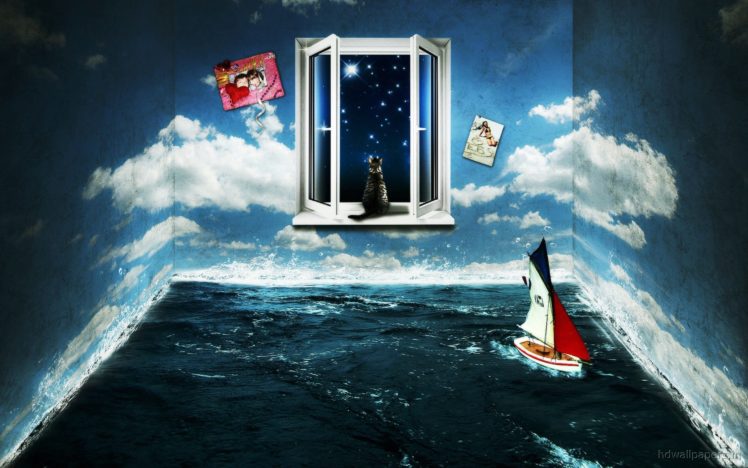abstract, Ocean, Clouds, Cats, Window, Panes HD Wallpaper Desktop Background