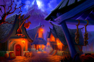 village, Houses, Lights, Lock, Rock, Moon, Halloween