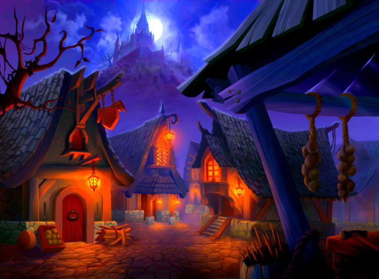 village, Houses, Lights, Lock, Rock, Moon, Halloween HD Wallpaper Desktop Background