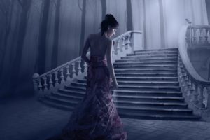 brunettes, Women, Fantasy, Trees, Dress, Forests, Birds, Fog, Stairways, Back, View, Mystery, Hair, Up