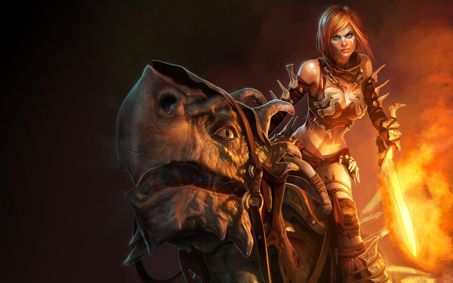 women, Flames, Fantasy, Fire, Tyris, Flare, Golden, Axe, Beast, Rider Wallpaper