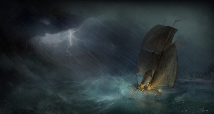 sea, Ship, Sailing, Art, Storm, Lightning, Ocean, Rain, Painting HD Wallpaper Desktop Background