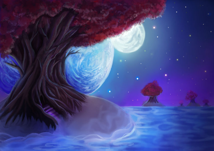 painting, Landscape, Tree, Leaves, Sky, Night, Stars, The, Moon, The, Planet HD Wallpaper Desktop Background
