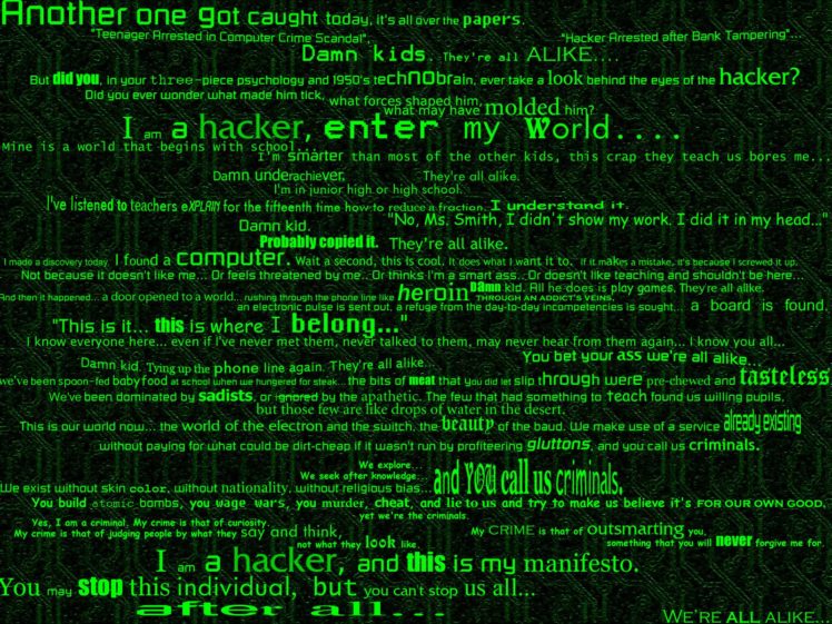 green, Text, Hackers, Manifesto HD Wallpaper Desktop Background