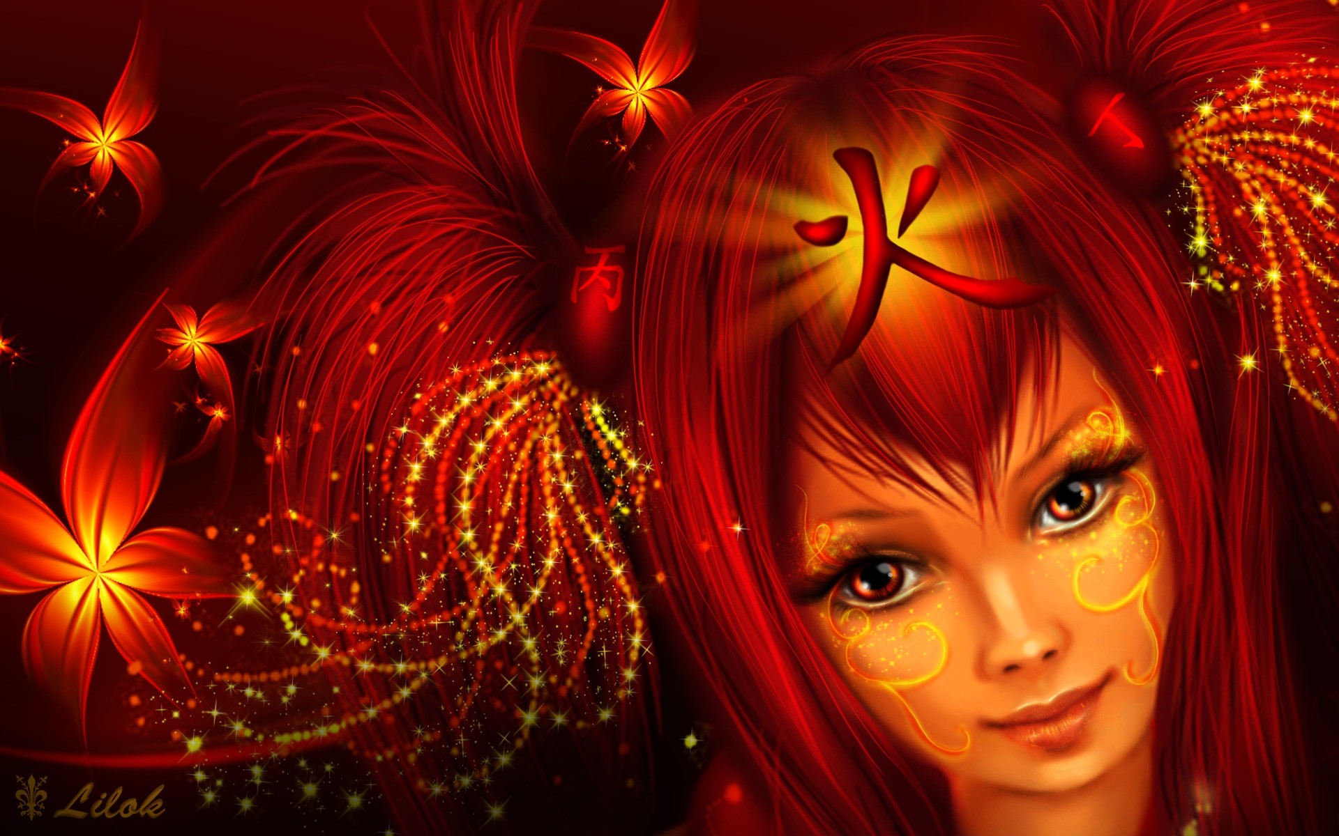 tattoos, Women, Fantasy, Redheads, Fantasy, Art, Glowing, Hair, Ornaments, Red, Flowers Wallpaper
