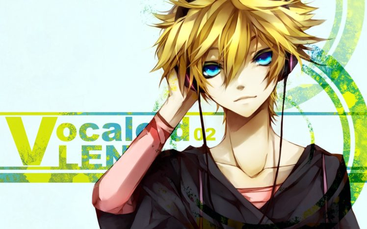headphones, Blondes, Vocaloid, Text, Blue, Eyes, Kagamine, Len, Short, Hair, Male, Bright HD Wallpaper Desktop Background