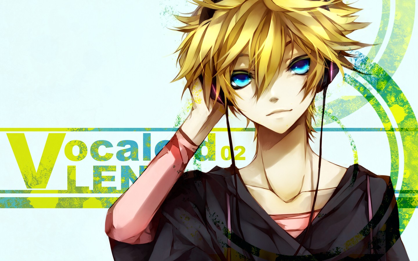 headphones, Blondes, Vocaloid, Text, Blue, Eyes, Kagamine, Len, Short, Hair, Male, Bright Wallpaper