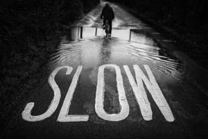 slow, Bw, Road, Bicycle, Person, Puddle