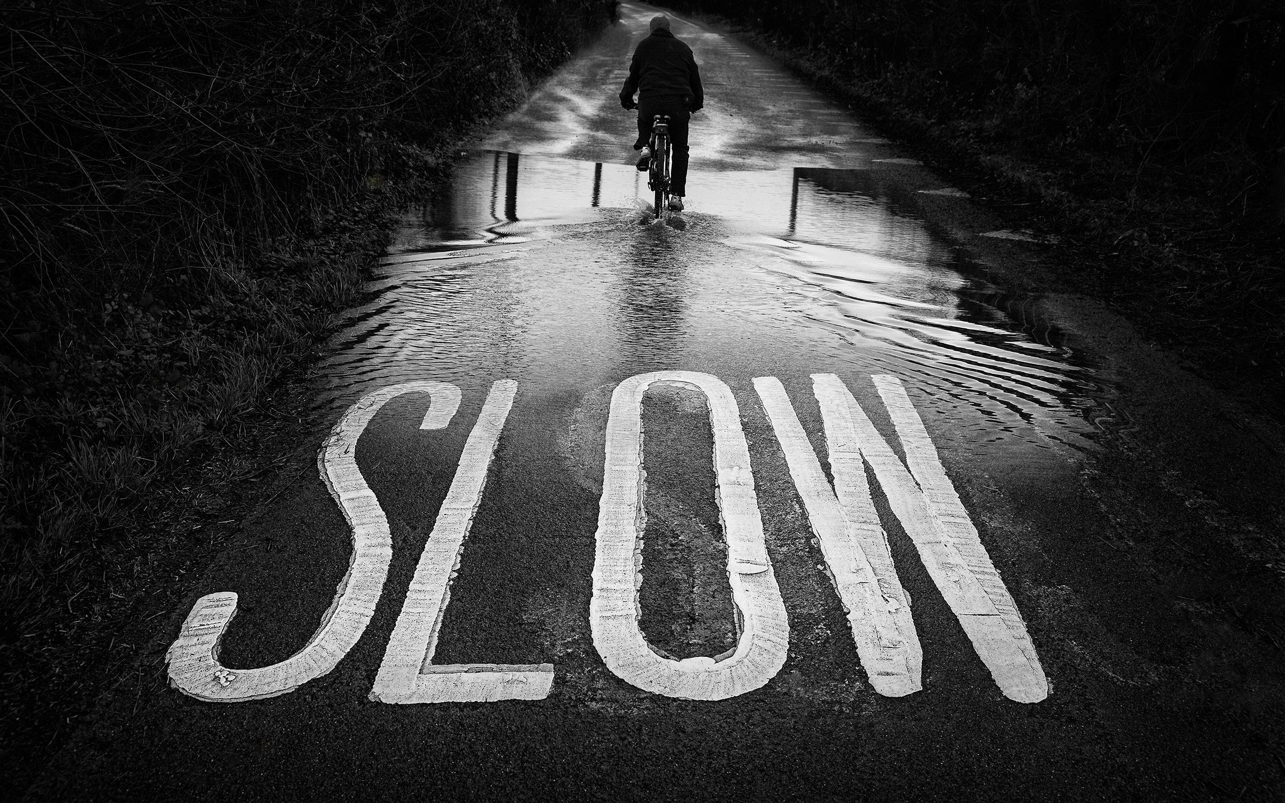 slow, Bw, Road, Bicycle, Person, Puddle Wallpaper