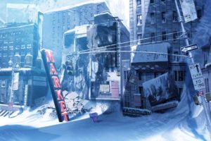 winter, Snow, Cityscapes, Post apocalyptic, Signs, Buildings, Traffic, Lights, Power, Lines