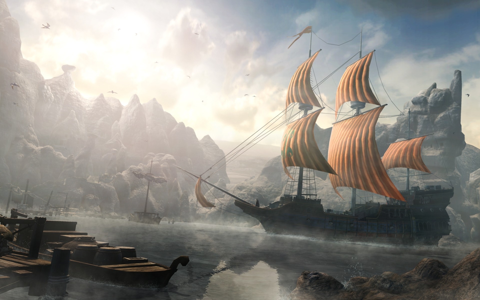 ships, Mist, Fantasy, Art, Artwork, Harbor, Port, Sails Wallpaper
