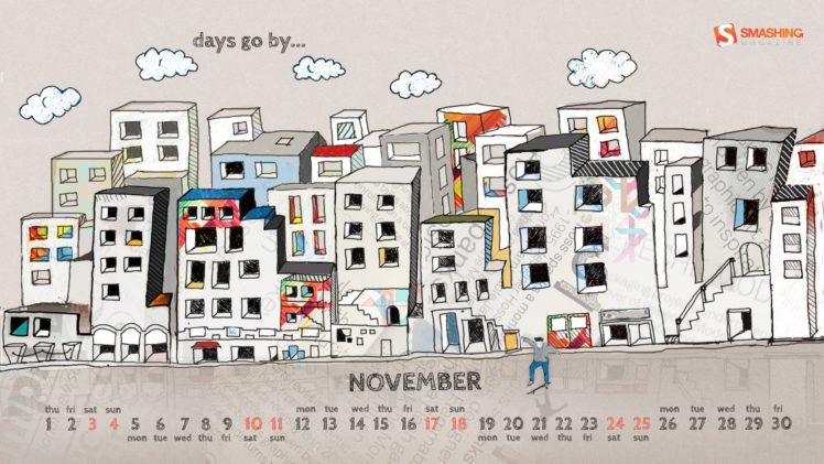 clouds, Text, Buildings, Skateboarding, November, Calendar, Artwork, Drawings, Smashing, Magazine HD Wallpaper Desktop Background