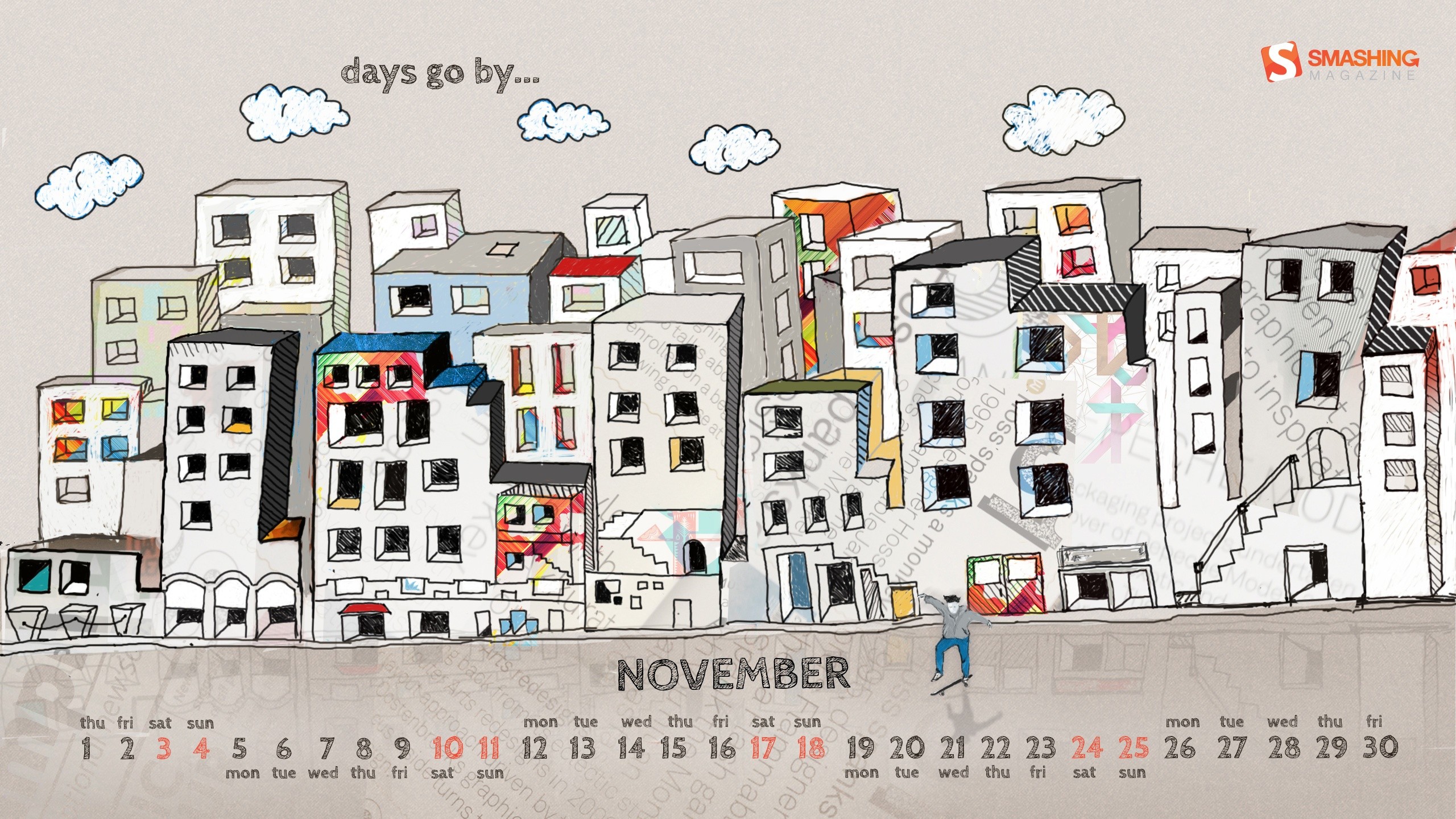 clouds, Text, Buildings, Skateboarding, November, Calendar, Artwork, Drawings, Smashing, Magazine Wallpaper