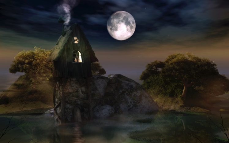 smoke, Moon, Fantasy, Art, Huts, Nighttime, Water, Body HD Wallpaper Desktop Background