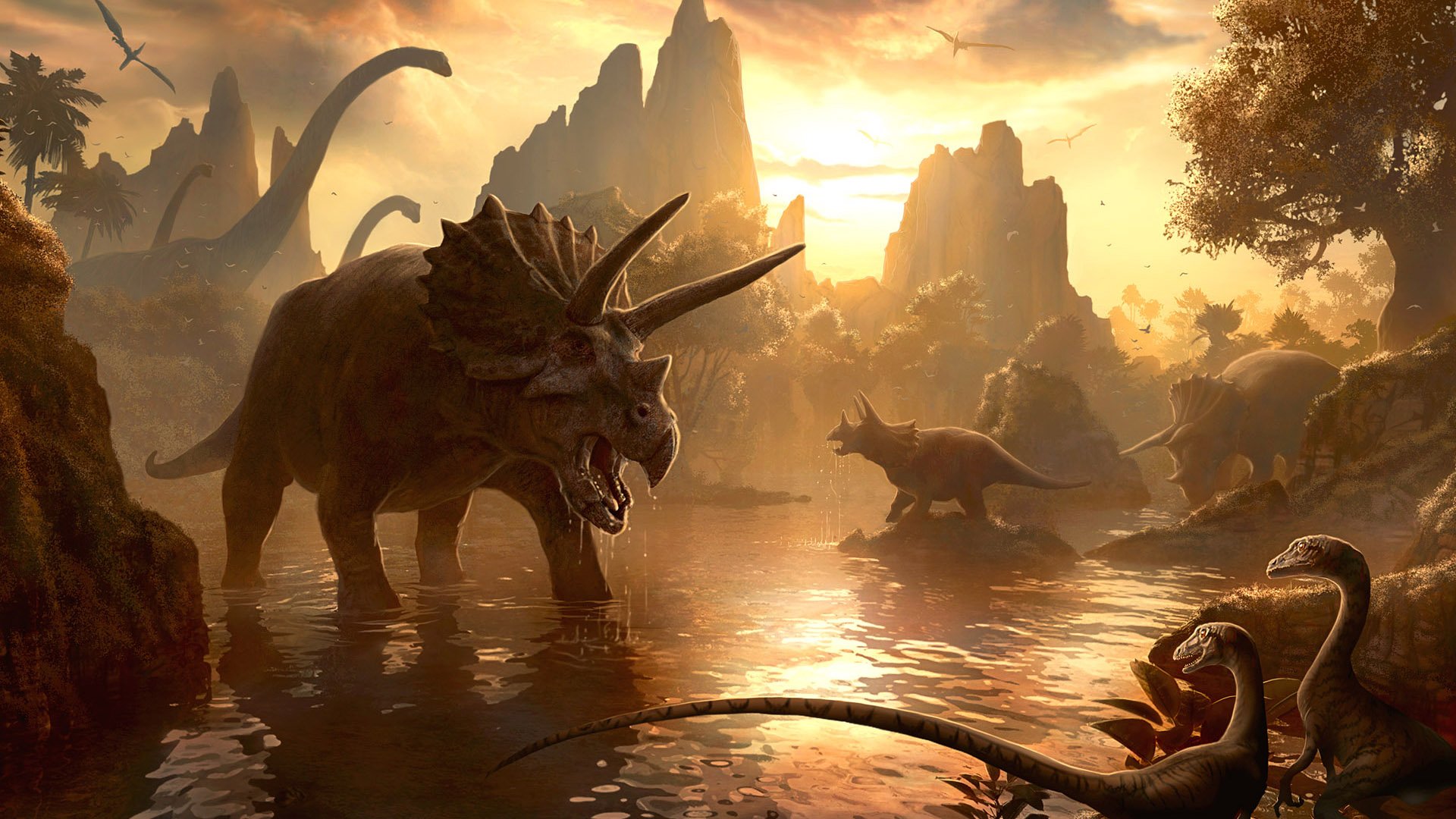 sunset, Artistic, Dinosaurs, Realistic, Raptors, Triceratops, Pterodactyls, Diplodocus Wallpaper