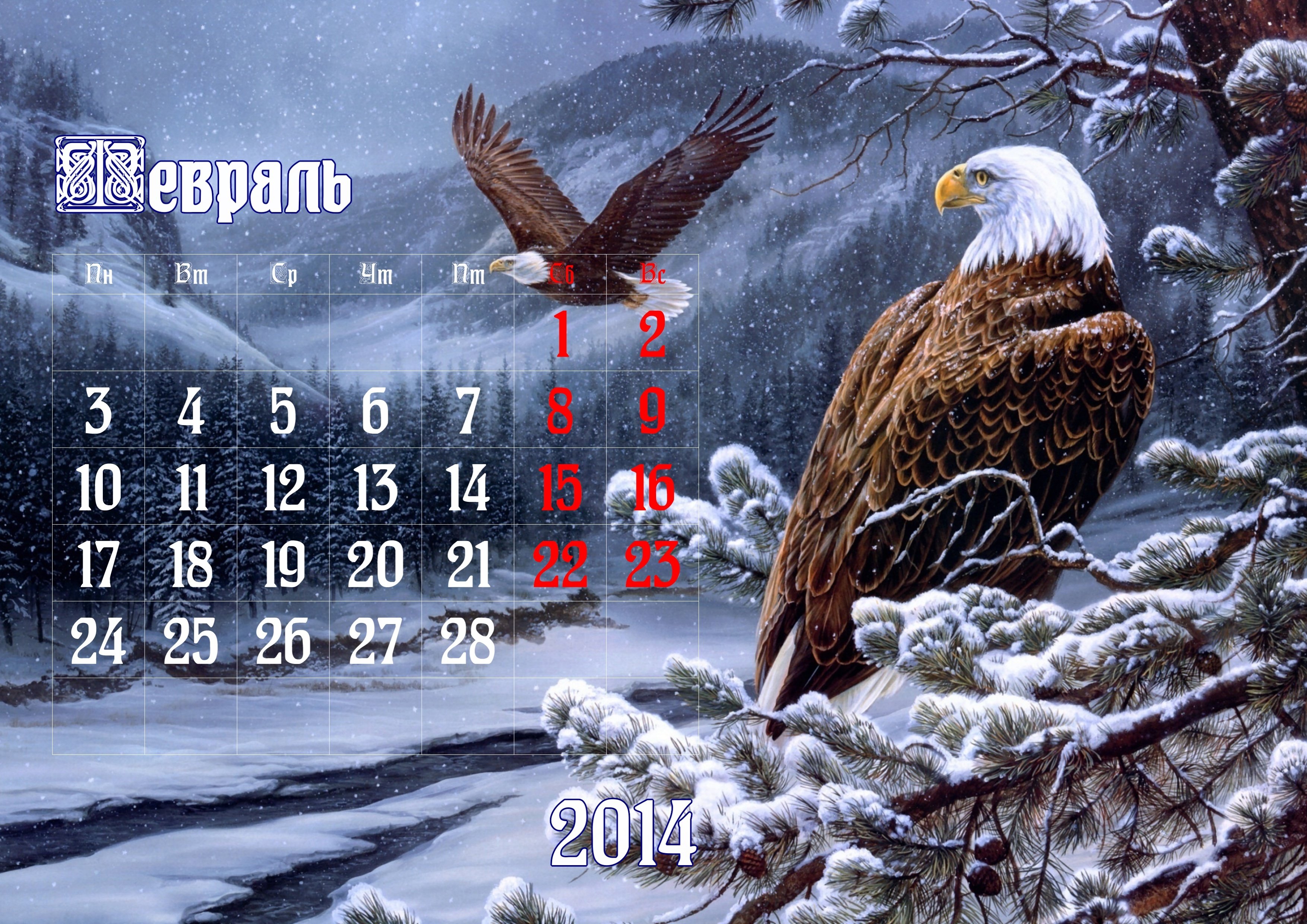 calendar, February, 2014, Eagle, Winter, Snow Wallpaper
