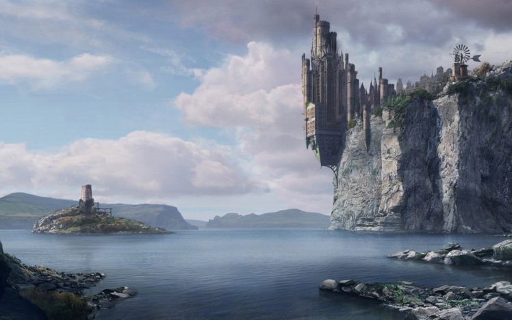 ocean, Castles, Cliffs, Fantasy, Art, Towns, Artwork HD Wallpaper Desktop Background