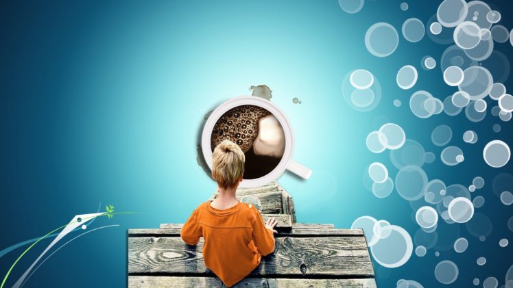 blue, Coffee, Bubbles, Fantasy, Art, Digital, Art, Coffee, Cups, Children HD Wallpaper Desktop Background