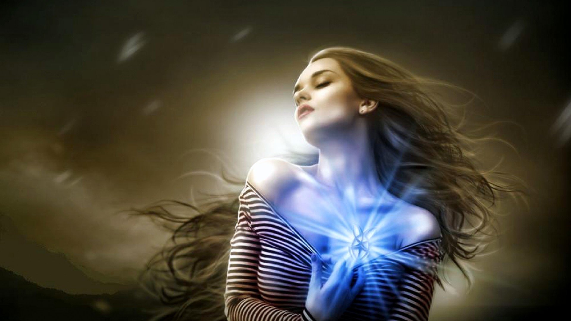 light, Brunettes, Women, Fantasy, Digital, Art, Reflections Wallpaper