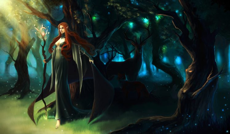 elves, Magic, Deer, Mage, Staff, Fantasy, Girls, Elf HD Wallpaper Desktop Background