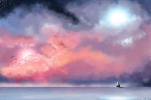 sea, Mist, Painting, Sky, Ship, Fantasy, Ocean, Mood