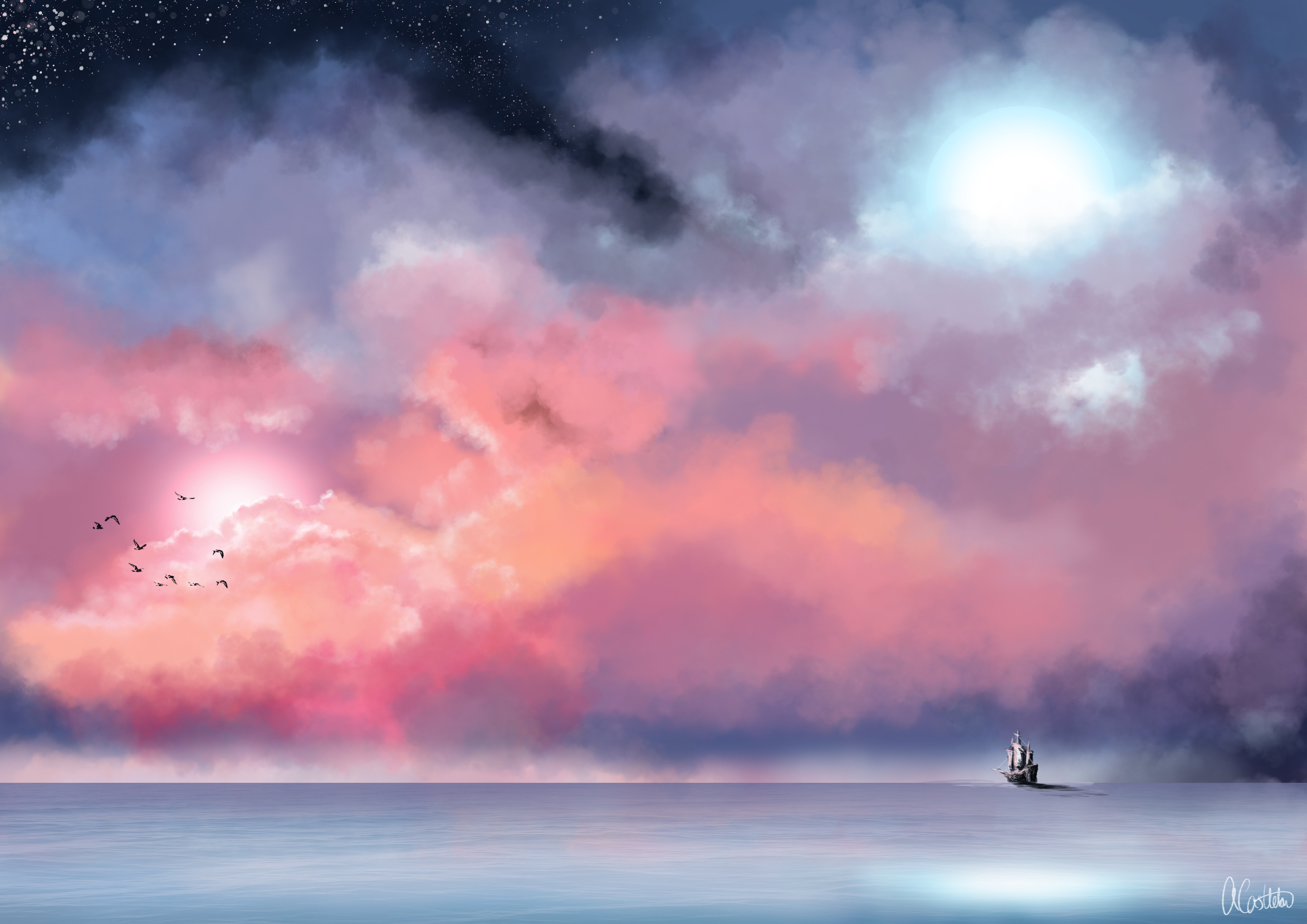 sea, Mist, Painting, Sky, Ship, Fantasy, Ocean, Mood Wallpaper