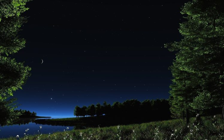 night, Stars, Lake, Sky, Nature HD Wallpaper Desktop Background