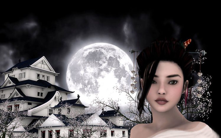 fantasy, Castle, Asian, Oriental, Women, Moon HD Wallpaper Desktop Background