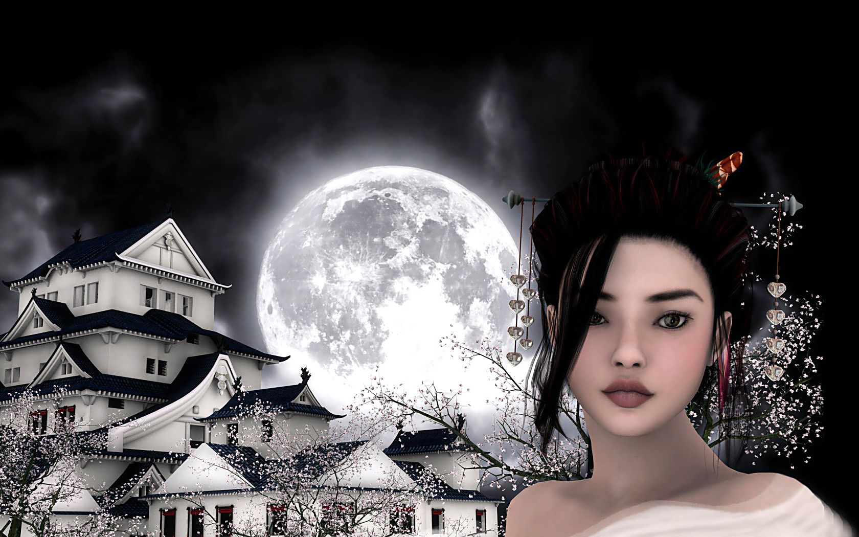 fantasy, Castle, Asian, Oriental, Women, Moon Wallpaper