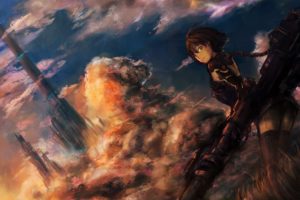 brunettes, Clouds, Cityscapes, Cyborgs, Weapons, Fantasy, Art, Red, Eyes