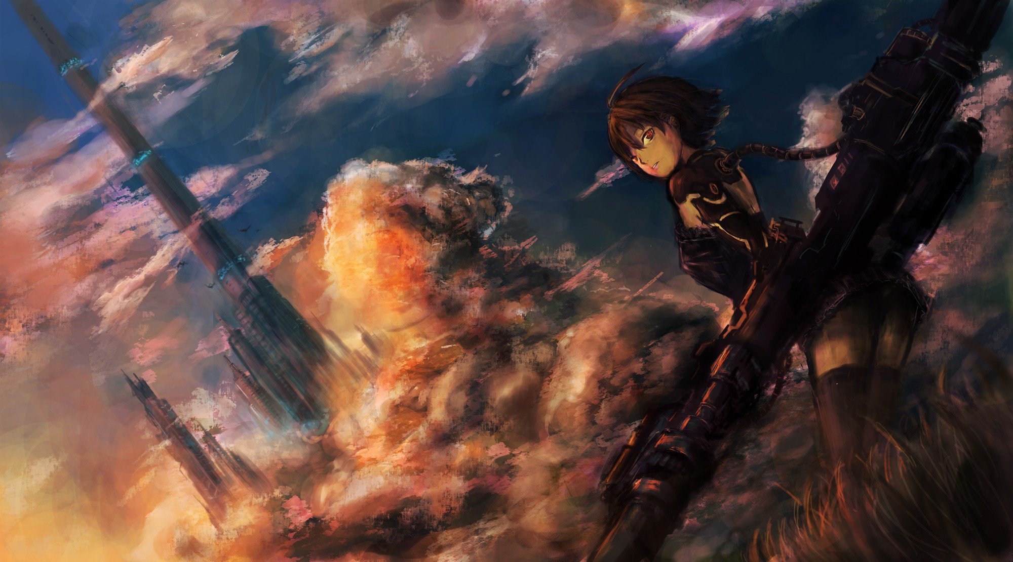 brunettes, Clouds, Cityscapes, Cyborgs, Weapons, Fantasy, Art, Red, Eyes Wallpaper