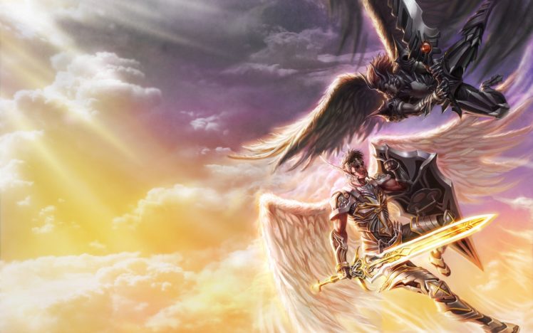 wings, Fight, Heaven, Fantasy, Art, Warriors, Swords HD Wallpaper Desktop Background