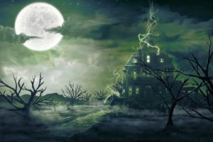 clouds, Trees, Stars, Moon, Haunted, House