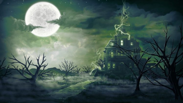 clouds, Trees, Stars, Moon, Haunted, House HD Wallpaper Desktop Background