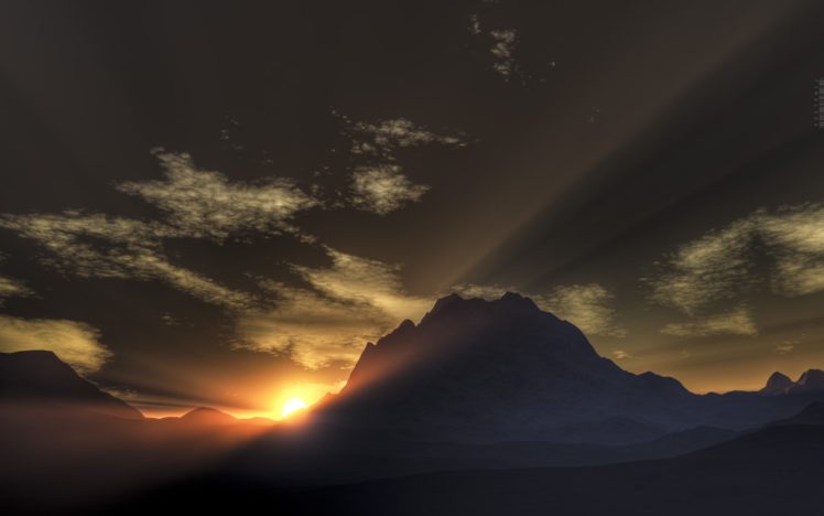 sunrise, Mountains, Snow, Sun, 3d, Renders, Rays HD Wallpaper Desktop Background