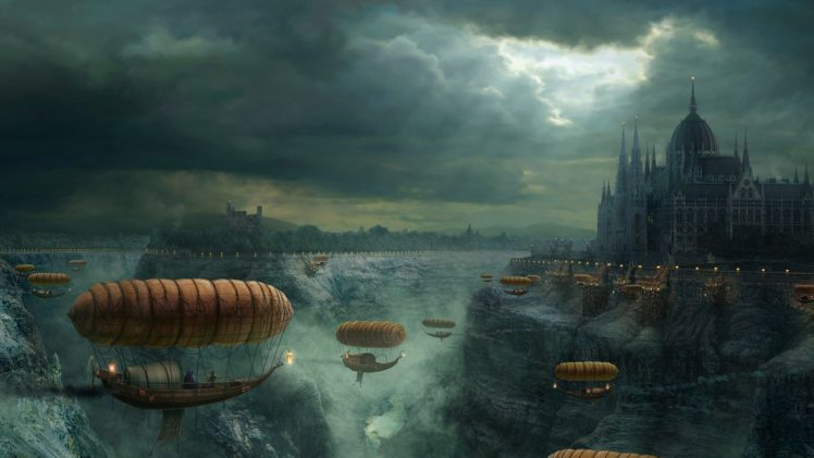 castles, Steampunk, Fantasy, Art, Vehicles, Airship HD Wallpaper Desktop Background