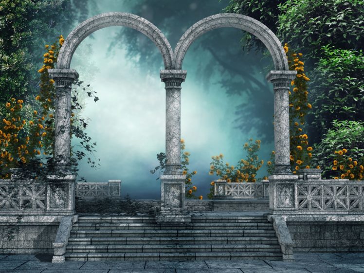 arch, Forest, Gate, Door, 3d, Art, Artwork, Flowers HD Wallpaper Desktop Background