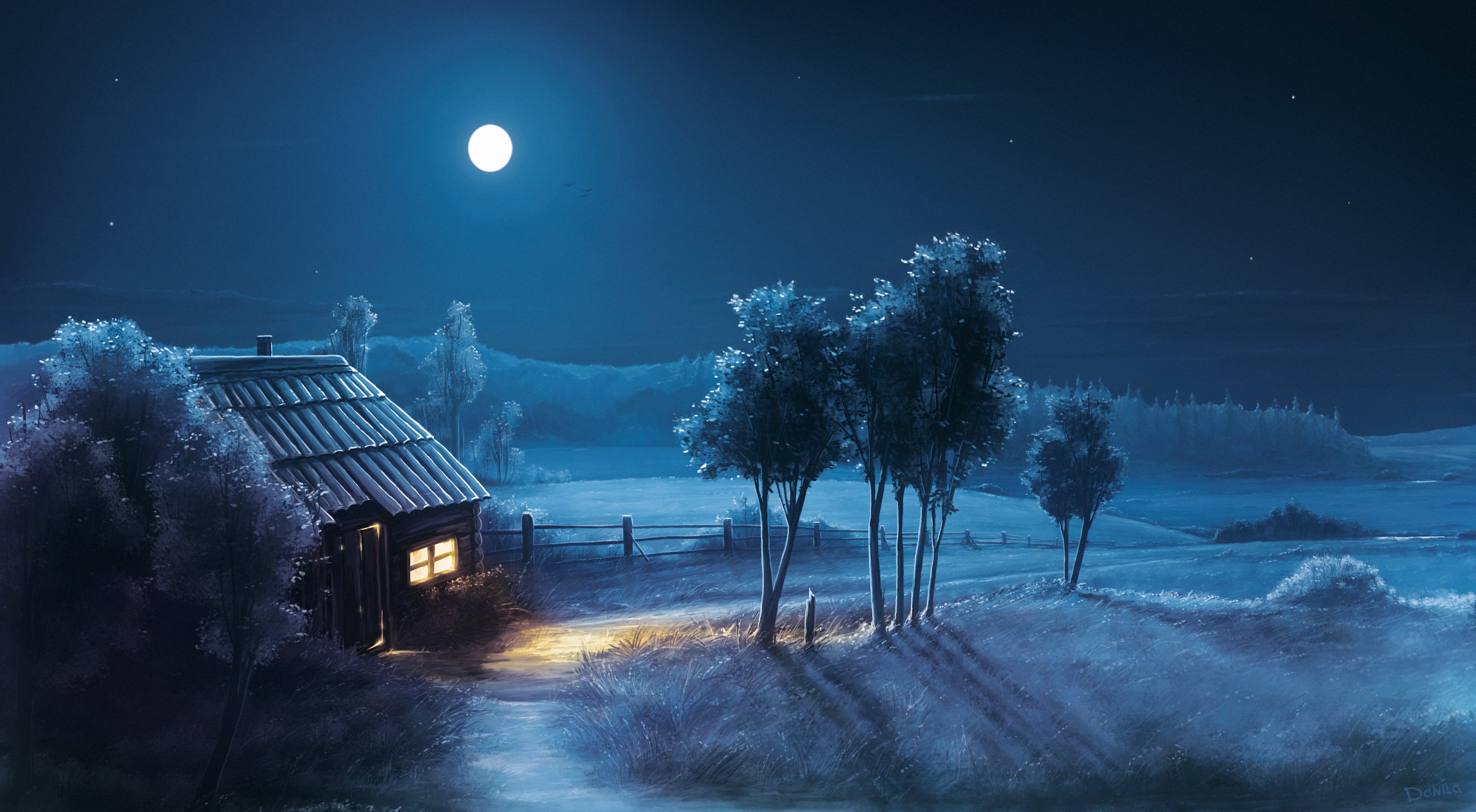 field, House, Moon, Night, Tree Wallpaper