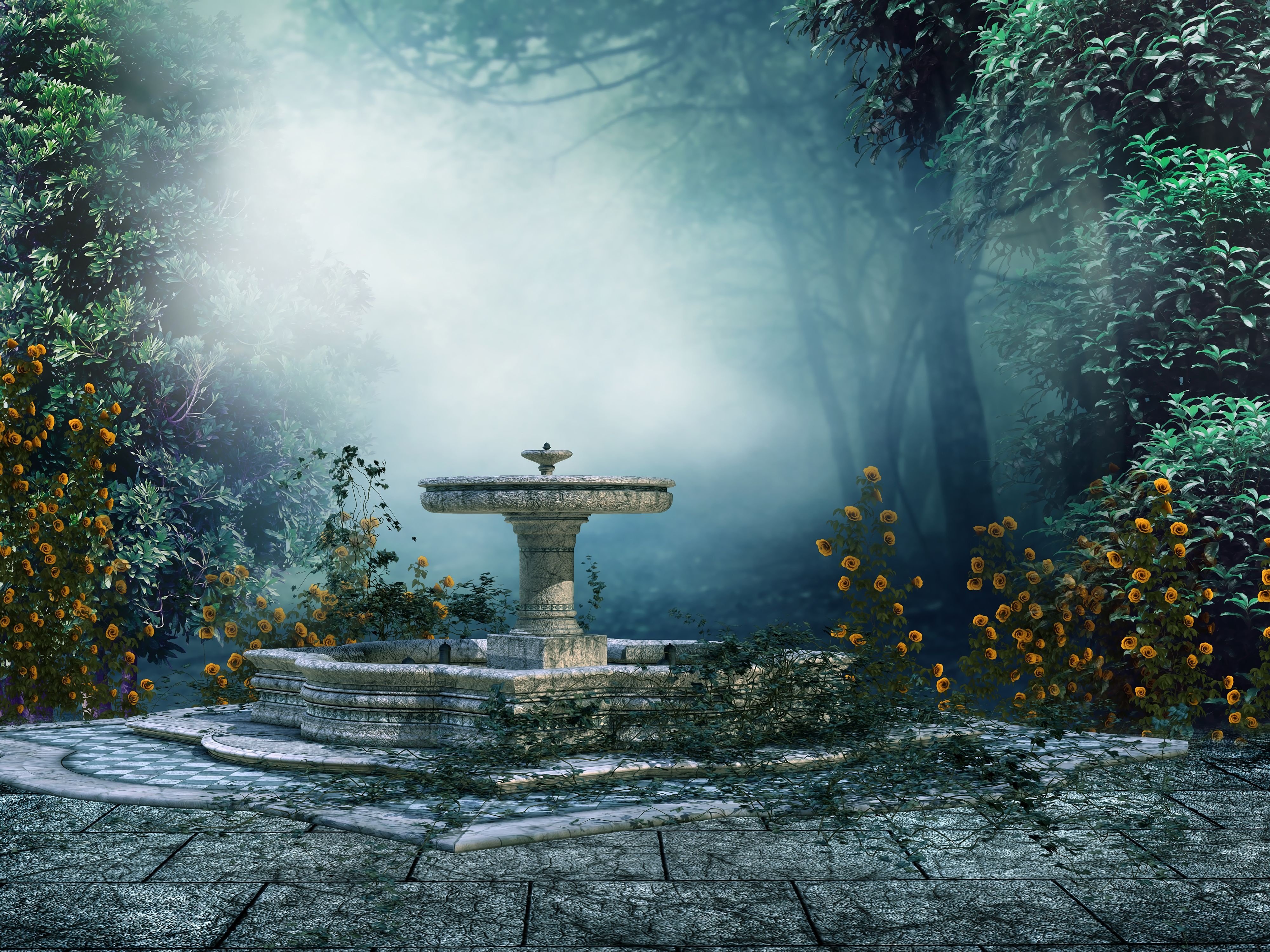 fountain, Forest, Flower, Fantasy Wallpaper