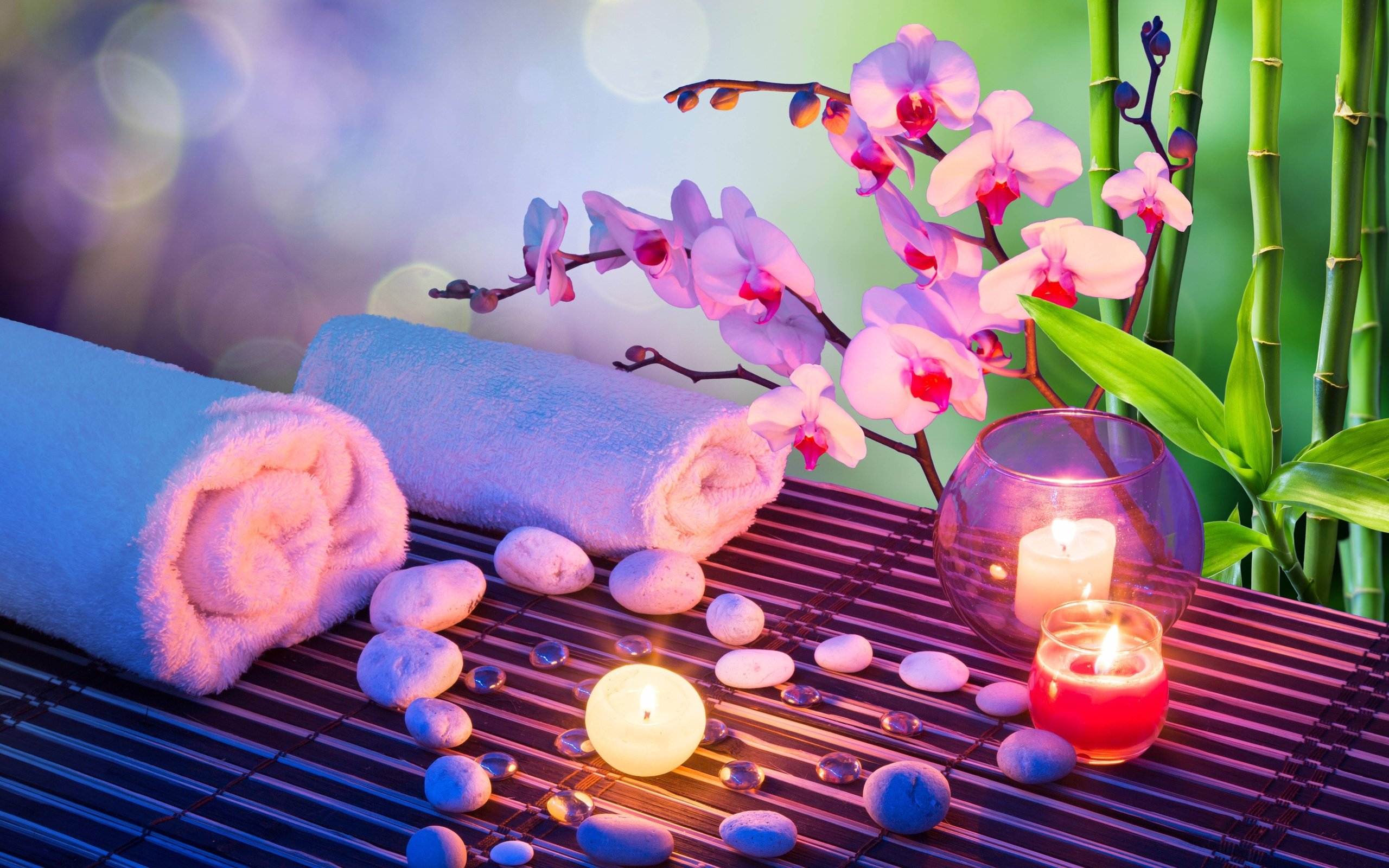 heart, Stones, Candles, Orchids, Towels, Bamboo, Bokeh, Mood Wallpaper